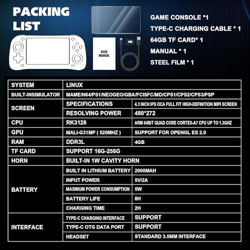G28 Retro Handheld Game Console, 4.3" IPS Screen, 64GB Memory Card with 30000+ Games, 26 Emulators, 3500mAh Battery, OTG Support, 3D Joystick, Built-in Headphone Jack, Retro Gaming Console for Adults - Image 6