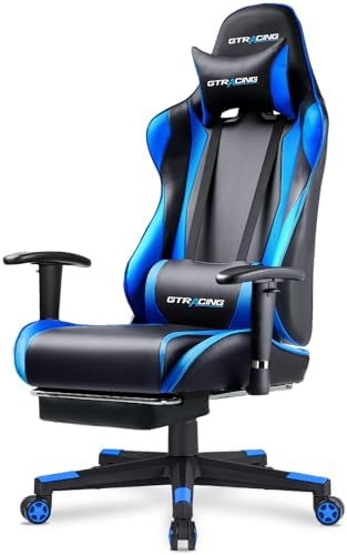 GTRACING Gaming Chair with Footrest, Ergonomic Computer Game Desk Chair, Reclining Gamer Chair Seat Height Adjustment, Swivel Rocker with Headrest and Lumbar (Navy Blue)